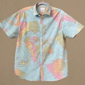 Map-Print Short Sleeve Button-Down Shirt - Light Blue